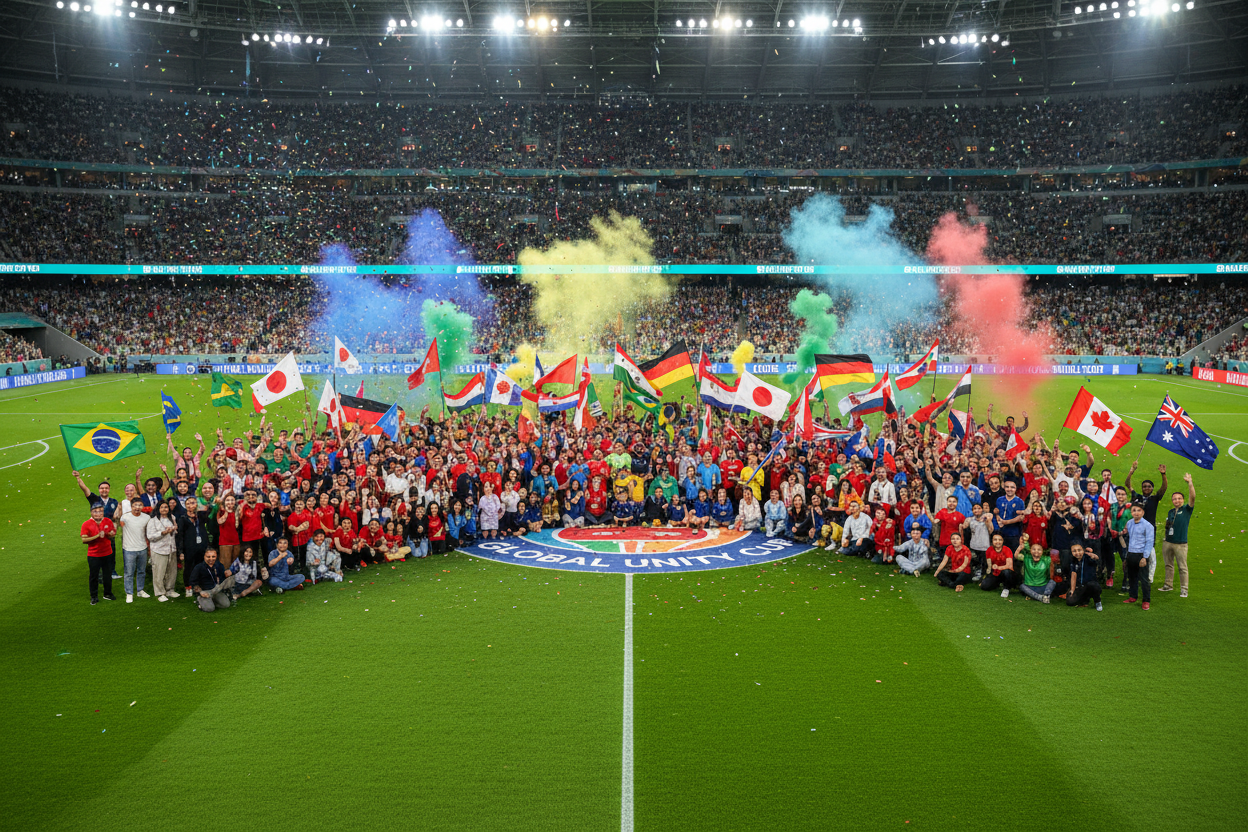 People waving world flags on soccer field
